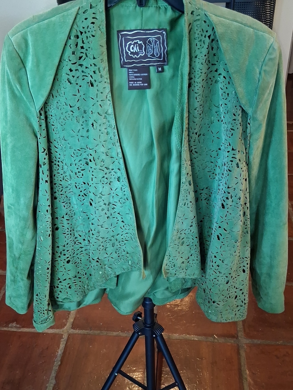 Chi By FALCHI Green Laser-Cut Suede Open Blazer